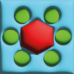 The background has circles and hexagons.