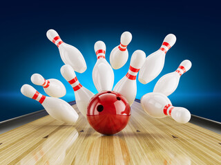 Red Bowling Ball Hit the Bowling pins on bowling alley line. Bowling strike, competition or tournament concept - obrazy, fototapety, plakaty