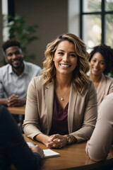 Fototapeta premium Professional therapist conducting a group session, showing genuine compassion and a comforting smile. Image created using artificial intelligence.
