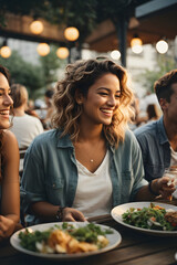 Group of friends laughing and enjoying dinner at outdoor restaurant during summer. Image created using artificial intelligence.