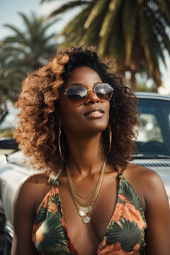 Fashion portrait of beauliful adult black woman, Miami girl wearing sunglasses in summer. Image created using artificial intelligence.