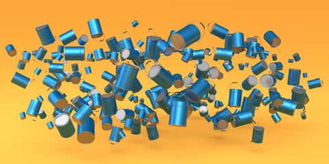 Many of flying metal cans or buckets on yellow background.
