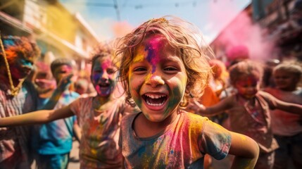 Group of kids having fun at Holi color festival in India. Party of young people having fun at Holi colors celebration in Asia. Holi color festival concept. Laughing children covered in colorful powder - obrazy, fototapety, plakaty