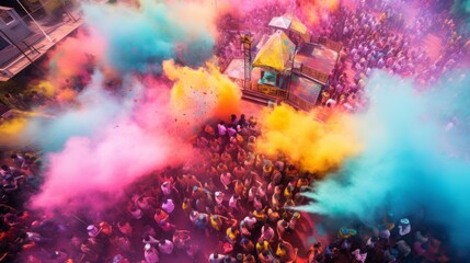 Aerial view of Holi festival in the streets of India. Bright colorful powder thrown in the air. A group of Hindu people attending a religious ceremony. Crowds of people celebrating Holi festival.