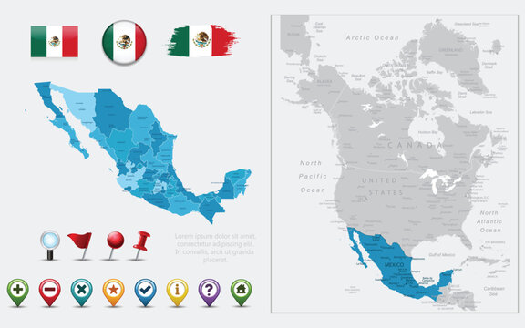 Mexico map, flag and navigation icons. Vector illustration