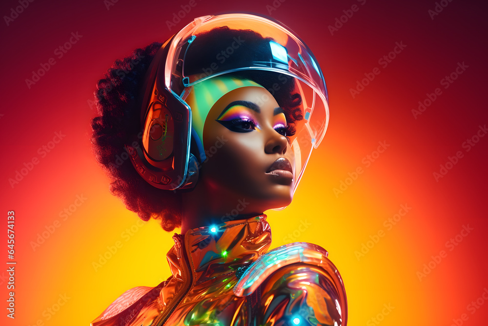 Wall mural afroamerican woman portrait in style of retro futurism, colorful bright look