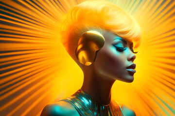 Afroamerican Woman portrait in style of retro futurism, colorful bright look