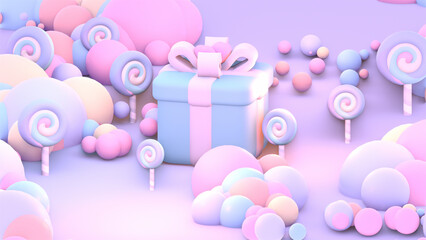 3d rendered cartoon gift and lollipops.