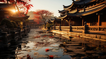 Ancient Chinese City of Zen Temples and Wooden Path Leads to Temple at Golden Hour