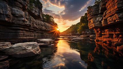 Water Floating Natural Cave During Sunset Low Angle View