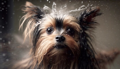 Naklejka premium One Delightful Wet Yorkshire Terrier Violently Shakes Herself Whilst Looking at the Camera Water Splashes Selective Focus