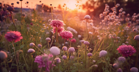 nature blooming violet meadow pink beautiful flower field background sunset flora. Generative AI.