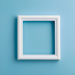 Empty photo frame on blue background with copy space, top view.