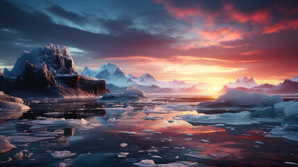 Icy Glacier Beach During Sunset Icy Landscapes Background - obrazy, fototapety, plakaty