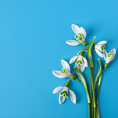 Creative layout made with snowdrop flowers on bright blue background. Flat lay.  Copy space.