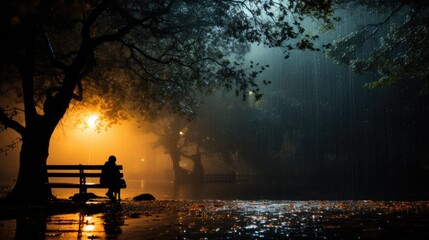 A person sitting on a bench in the rain at night, AI
