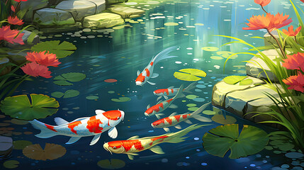 A tranquil koi pond with colorful fish.  AI generative
