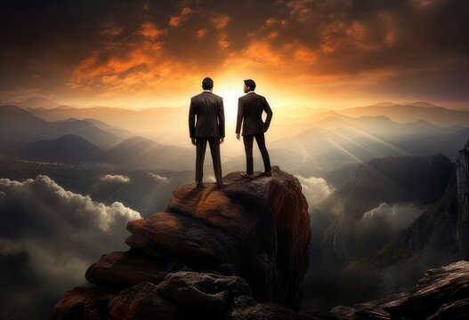 businessman standing on top of the mountain - Powered by Adobe