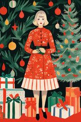 color block pencil sketch illustration of a young white woman under christmas tree with gifts ornaments decoration festive dress for card/invitation/print textured digital hand drawn look