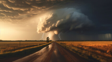 Powerful Tornado and Lightning Twisting Through Above the Countryside Highway Road