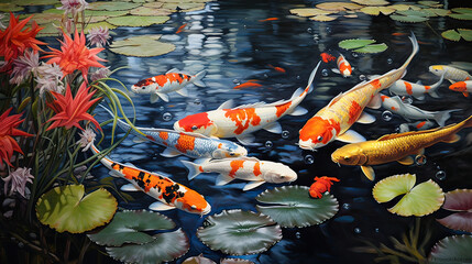 A tranquil koi pond with colorful fish.  AI generative