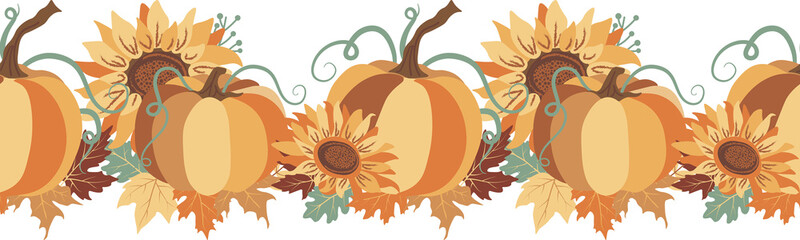 Pumpkin seamless border vector clipart. Repeating ornament.