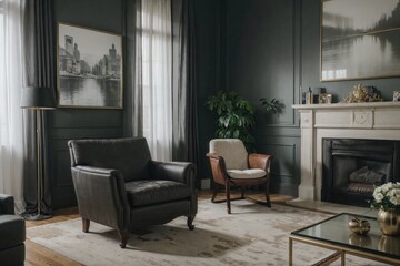 Luxurious interior mockup with a picture frame and chairs.