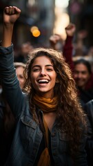 young woman making a fist-raising protest in the street - obrazy, fototapety, plakaty