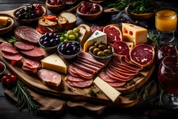 A charcuterie platter with prosciutto, salami, and an assortment of cheeses and olives.