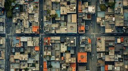 An intricate bird's-eye view of a city's geometric street patterns. AI generative