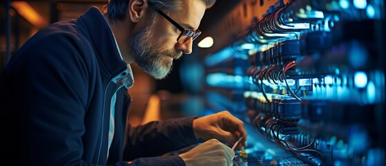 a young engineer working in a data centre server room.