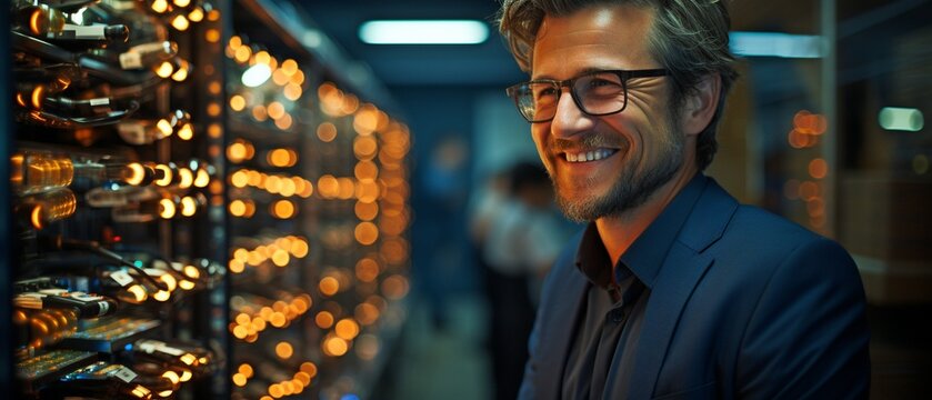 a young engineer working in a data centre server room.