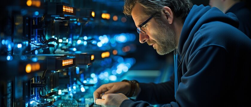 a young engineer working in a data centre server room.