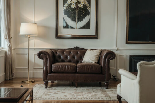 Luxurious interior mockup with a picture frame and brown leather sofa.