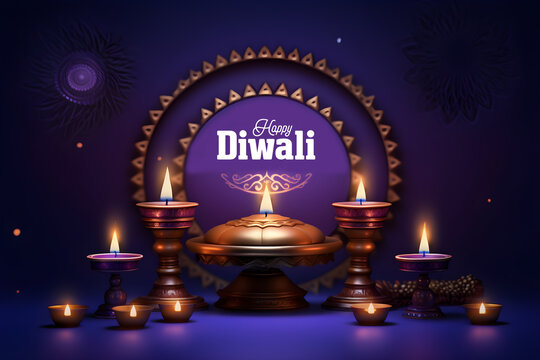 A banner wishing everyone a Happy Diwali with a lit Santosh, designed in the style of dark azure and bronze
