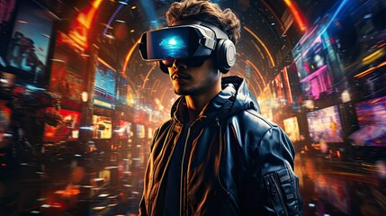 Metaverse digital cyber world technology, people with virtual reality VR goggle playing AR augmented reality game and entertainment, futuristic metaverse gameFi NFT game ideas, Generative AI