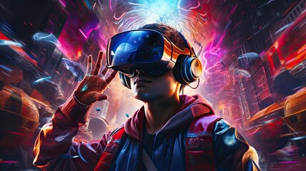 Naklejka na ściany i meble Metaverse digital cyber world technology, people with virtual reality VR goggle playing AR augmented reality game and entertainment, futuristic metaverse gameFi NFT game ideas, Generative AI