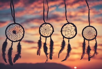 Dreamcatcher sunset sky, boho chic, ethnic amulet symbol Indigenous Peoples Day and Native Americans Day - Powered by Adobe