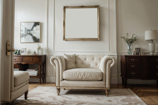 Luxurious interior mockup with a picture frame and white leather chair.