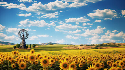A sunflower field with a rustic windmill in the distance.   AI generative