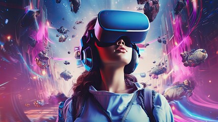 Metaverse digital cyber world technology, people with virtual reality VR goggle playing AR augmented reality game and entertainment, futuristic metaverse gameFi NFT game ideas, Generative AI