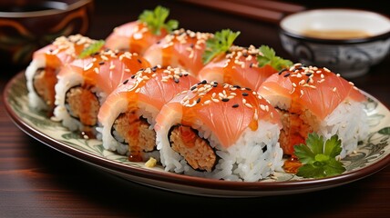 delicious rolls served with chopsticks on a white dish at a wooden table, closeup.
