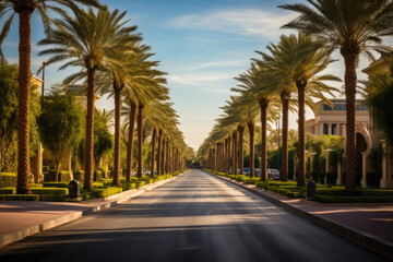 Fototapeta na wymiar Avenue of Palms at Sunset in Dubai