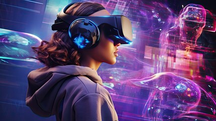 Metaverse digital cyber world technology, people with virtual reality VR goggle playing AR augmented reality game and entertainment, futuristic metaverse gameFi NFT game ideas, Generative AI