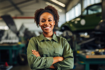 Smiling Female Mechanic Fixing Car