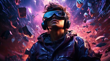 Metaverse digital cyber world technology, people with virtual reality VR goggle playing AR augmented reality game and entertainment, futuristic metaverse gameFi NFT game ideas, Generative AI