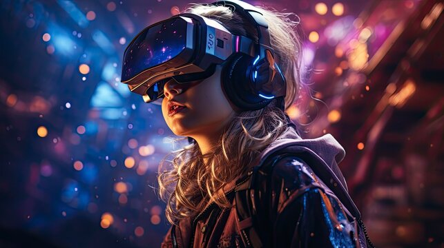 Metaverse digital cyber world technology, people with virtual reality VR goggle playing AR augmented reality game and entertainment, futuristic metaverse gameFi NFT game ideas, Generative AI - Powered by Adobe