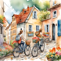Two friends on vintage bicycles, riding through a quaint European village, cobblestone streets, colorful houses with flower-filled window boxes, a feeling of nostalgia and charm.