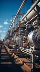 Fototapeta premium Pipelines and pipe rack of an industrial operation producing petroleum, chemicals, hydrogen, or ammonia.