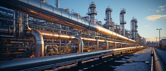 Fototapeta premium Pipelines and pipe rack of an industrial operation producing petroleum, chemicals, hydrogen, or ammonia.